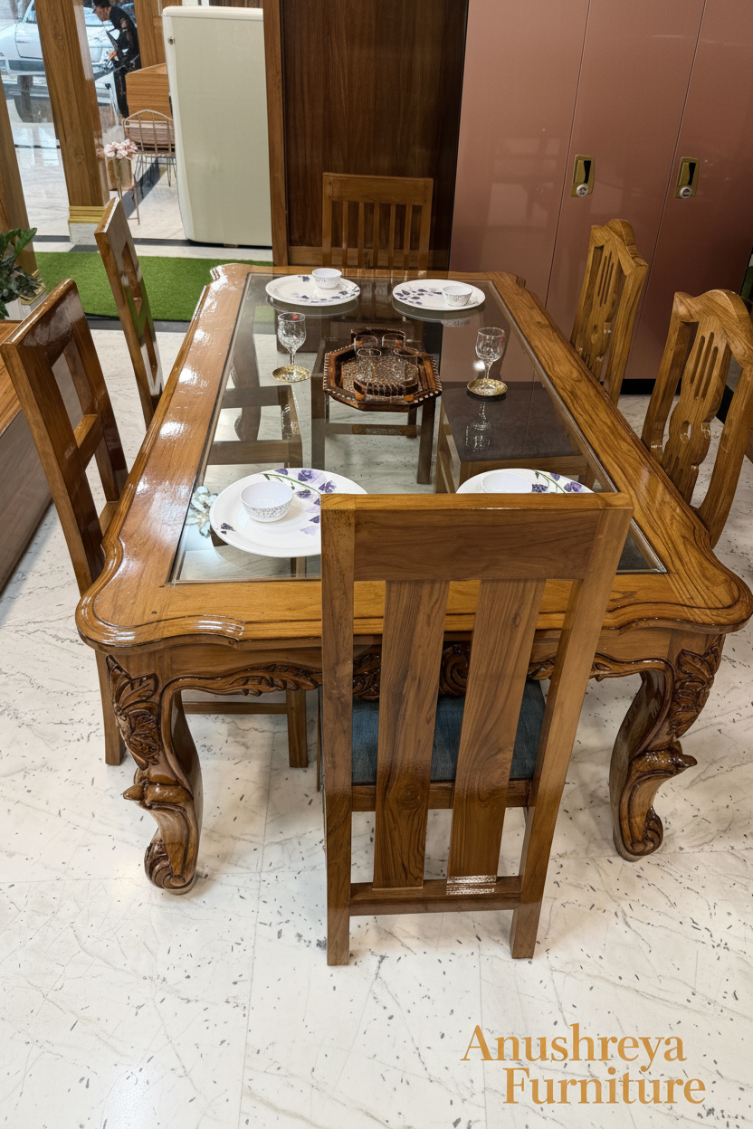 The Amara: Luxury Honey-Finish Teakwood Dining Table (6 Seater)