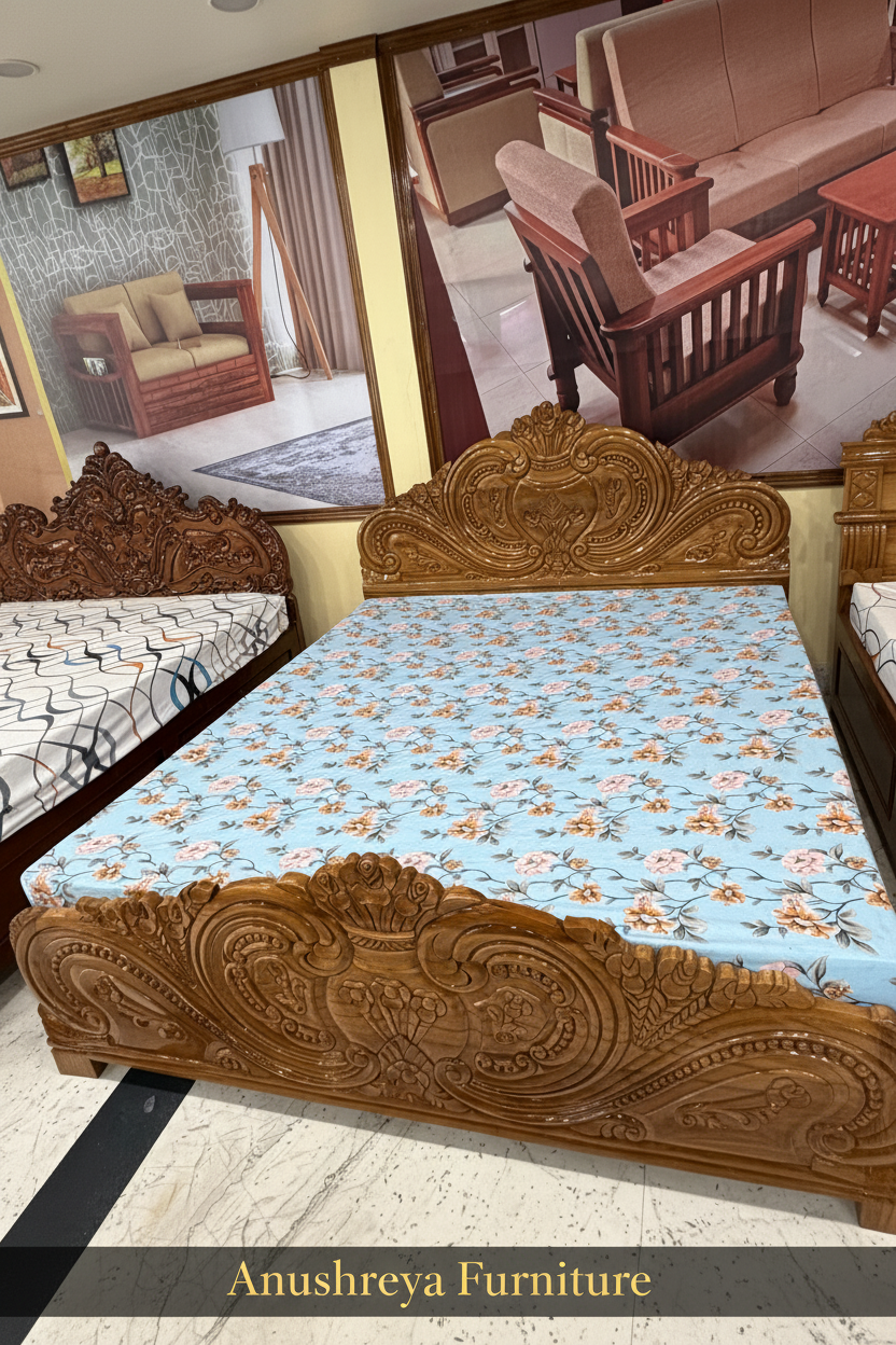 Anushreya Royal Carved Teak Wood King Size Storage Bed